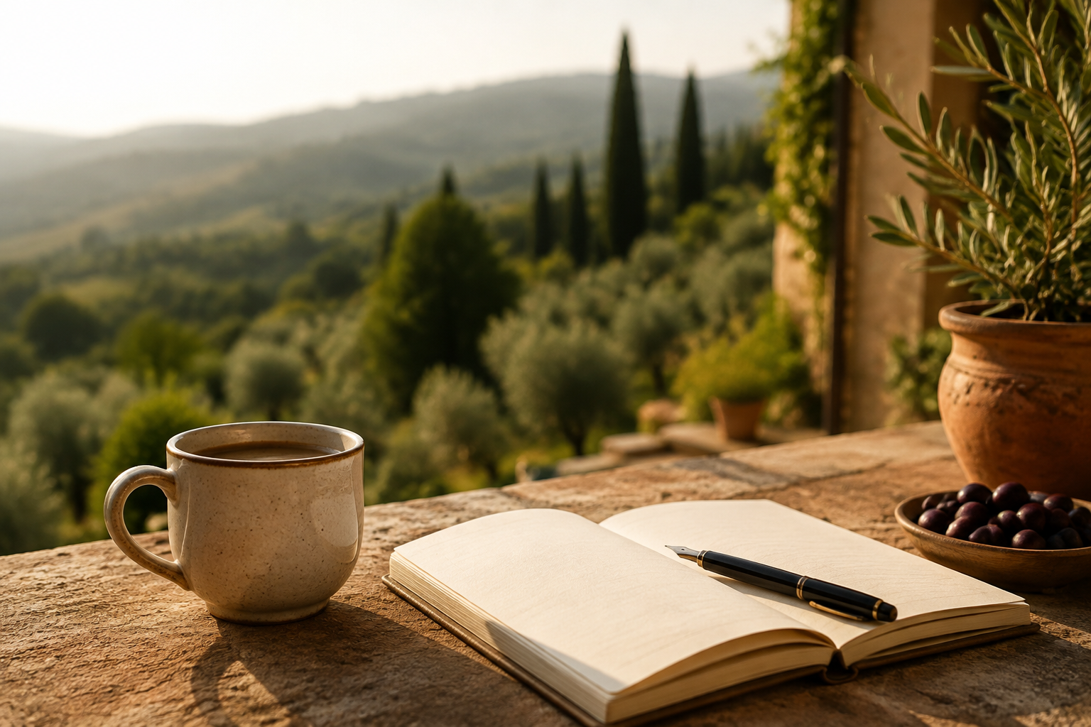 Aufgeschlagenes Notizbuch und Kaffeetasse mit Blick über die Toskana