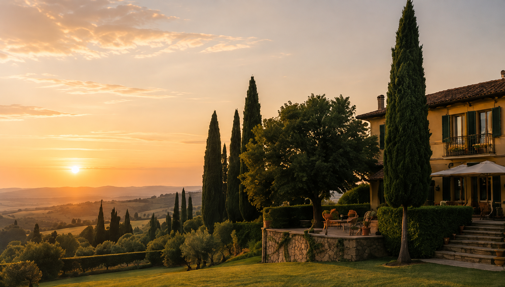 Toskanische Villa mit Zypressen und Hügellandschaft im Sonnenuntergang
