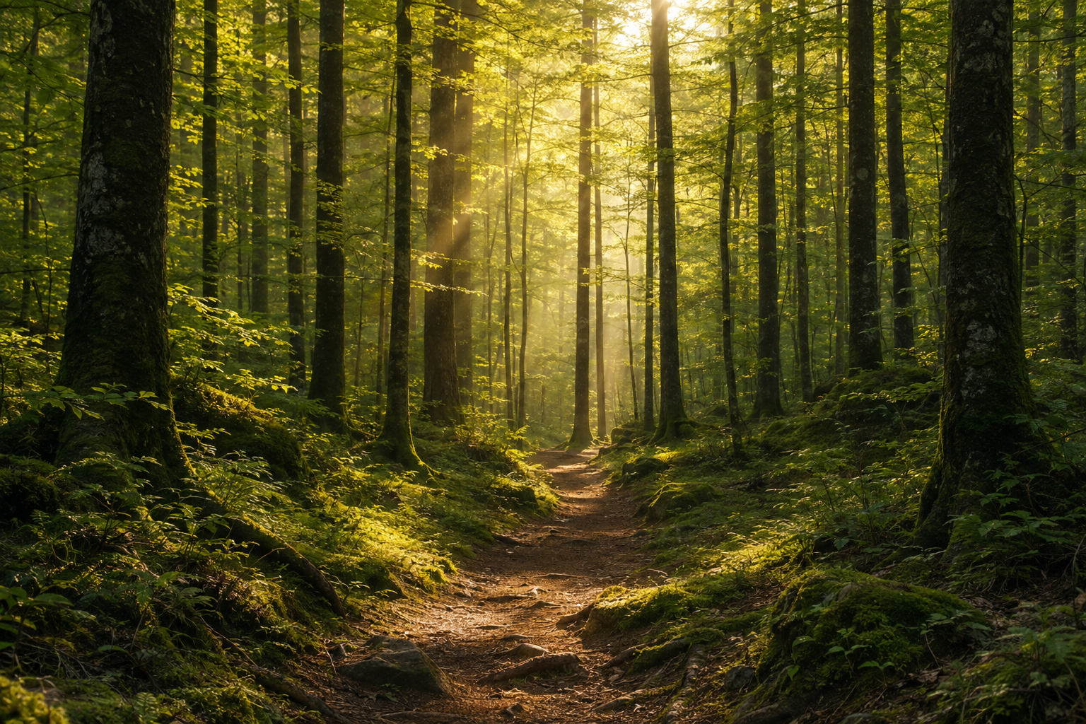 Sonnenlicht fällt durch einen Wald auf einen schmalen Pfad