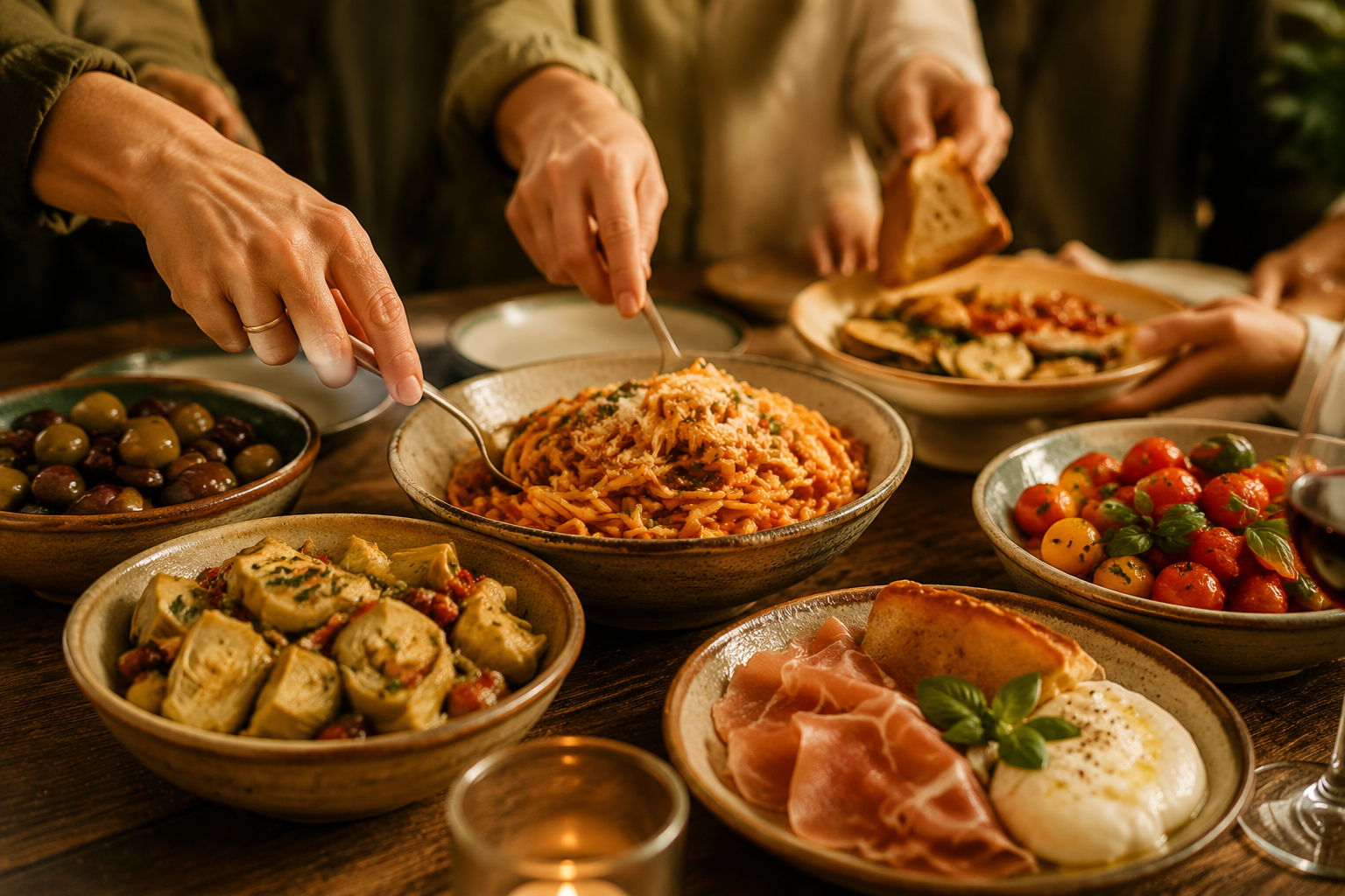 Gedeckter Tisch mit italienischen Gerichten, mehrere Hände schöpfen auf
