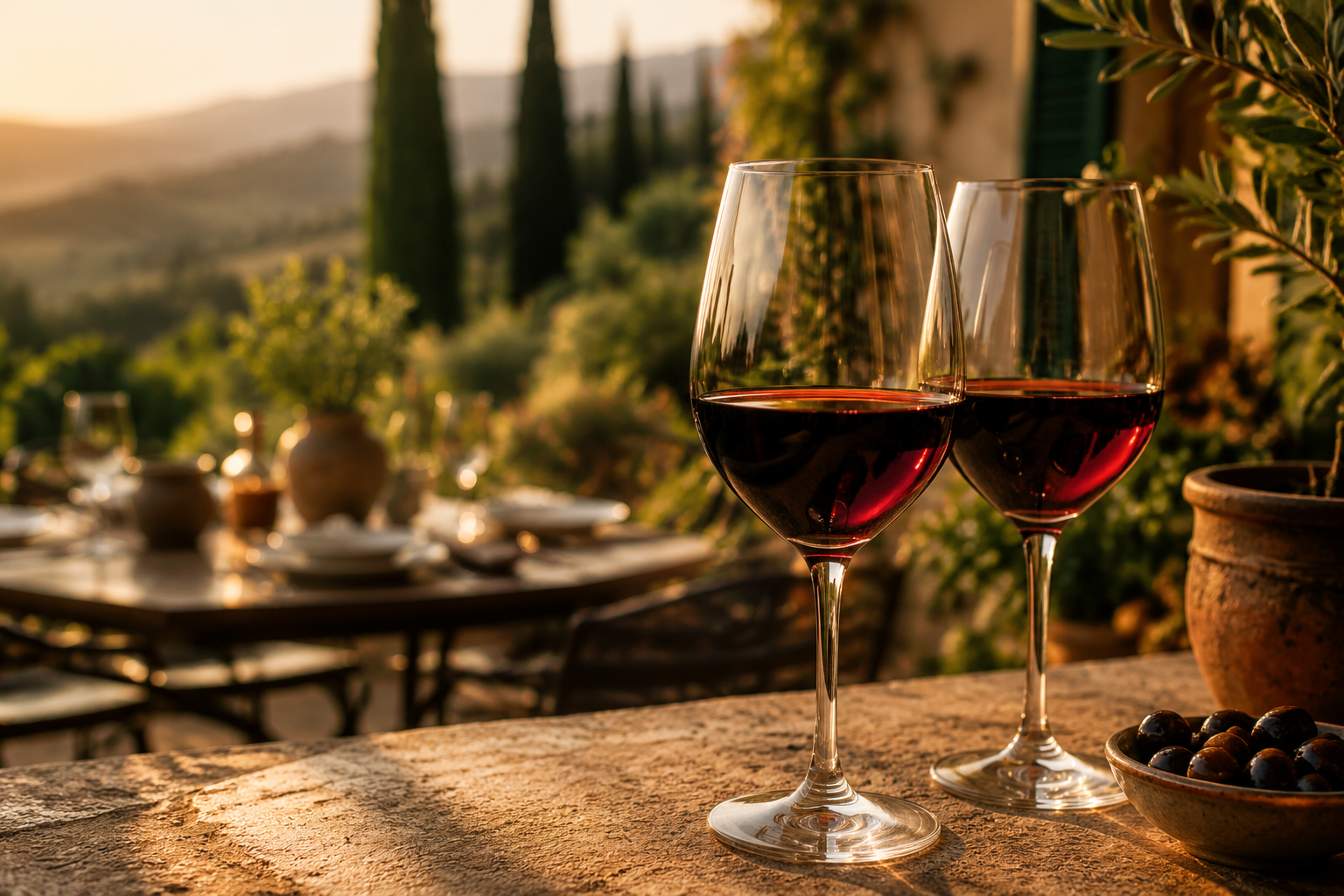 Zwei Gläser Rotwein auf einer Terrasse im Abendlicht