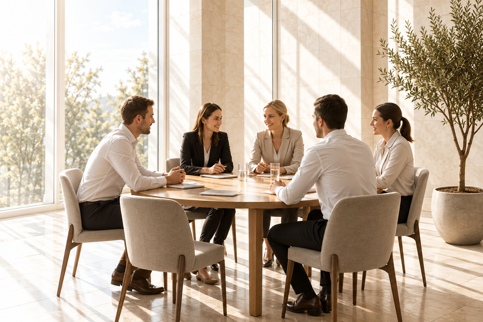 Team im lichtdurchfluteten Besprechungsraum im Gespräch am runden Tisch