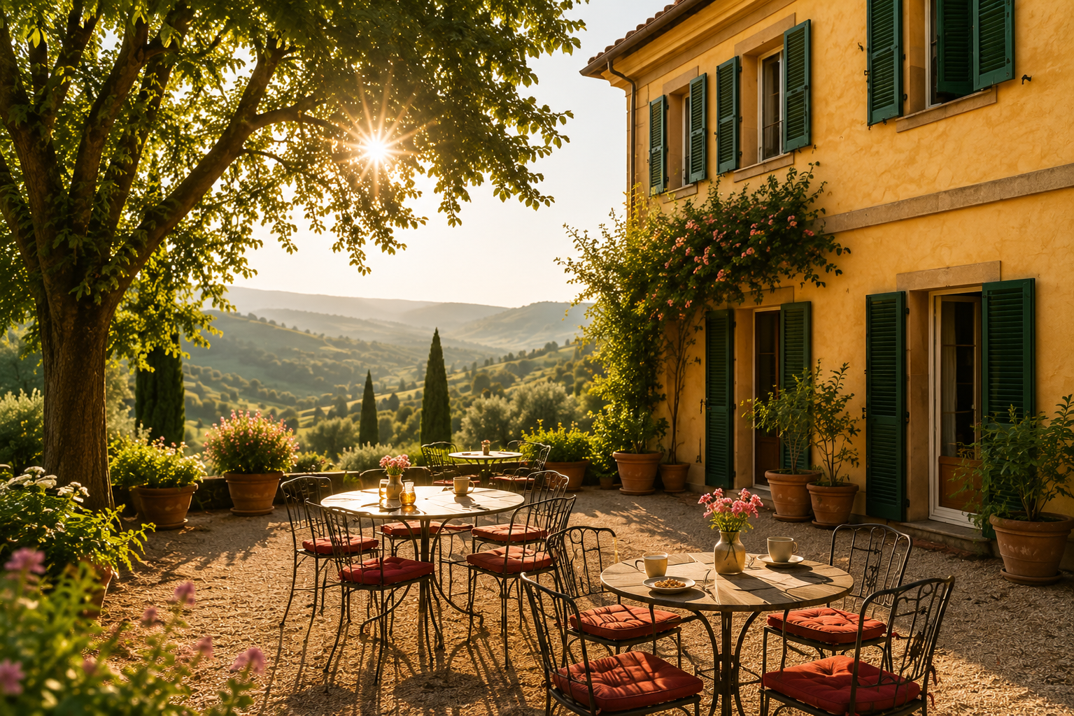 Gedeckte Terrasse eines toskanischen Landhauses unter Bäumen